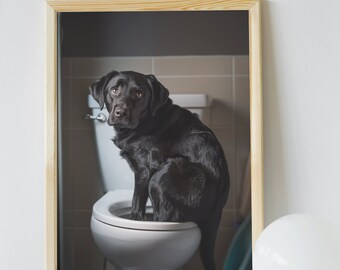 Black Labrador Retriever Bathroom Wall Art, Funny House Decor Art Print, Black Lab Sitting on the Toilet Guilty Face, Pet Digital Download