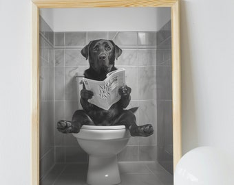 Black Labrador Retriever Bathroom Wall Art, Funny House Decor Print, Black Lab Reading a Newspaper on the Toilet, Pet Digital Download