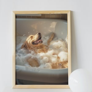 Golden retriever bubbelbad kunstafdruk: grappig badkamerdecor (digitale download)