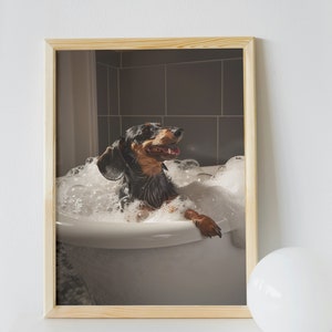 Teckel badkamer kunst aan de muur, grappige huis decor Art Print, teckel ontspannen in het bubbelbad, eigenzinnige poster, huisdier digitale download