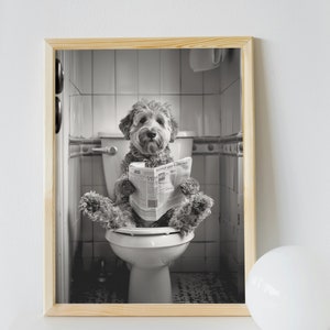Labradoodle Bathroom Wall Art, Funny House Decor Art Print, Labradoodle Sitting on the Toilet Reading Newspaper, Pet Digital Download