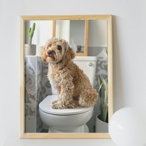 Labradoodle Bathroom Wall Art, Funny House Decor Art Print, Labradoodle Sitting on the Toilet Looking Backwards, Pet Digital Download