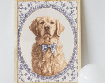 Peut inclure: Une illustration encadrée d'un golden retriever portant un nœud papillon bleu. Le chien est dans un cadre ovale blanc avec un motif floral bleu et blanc.