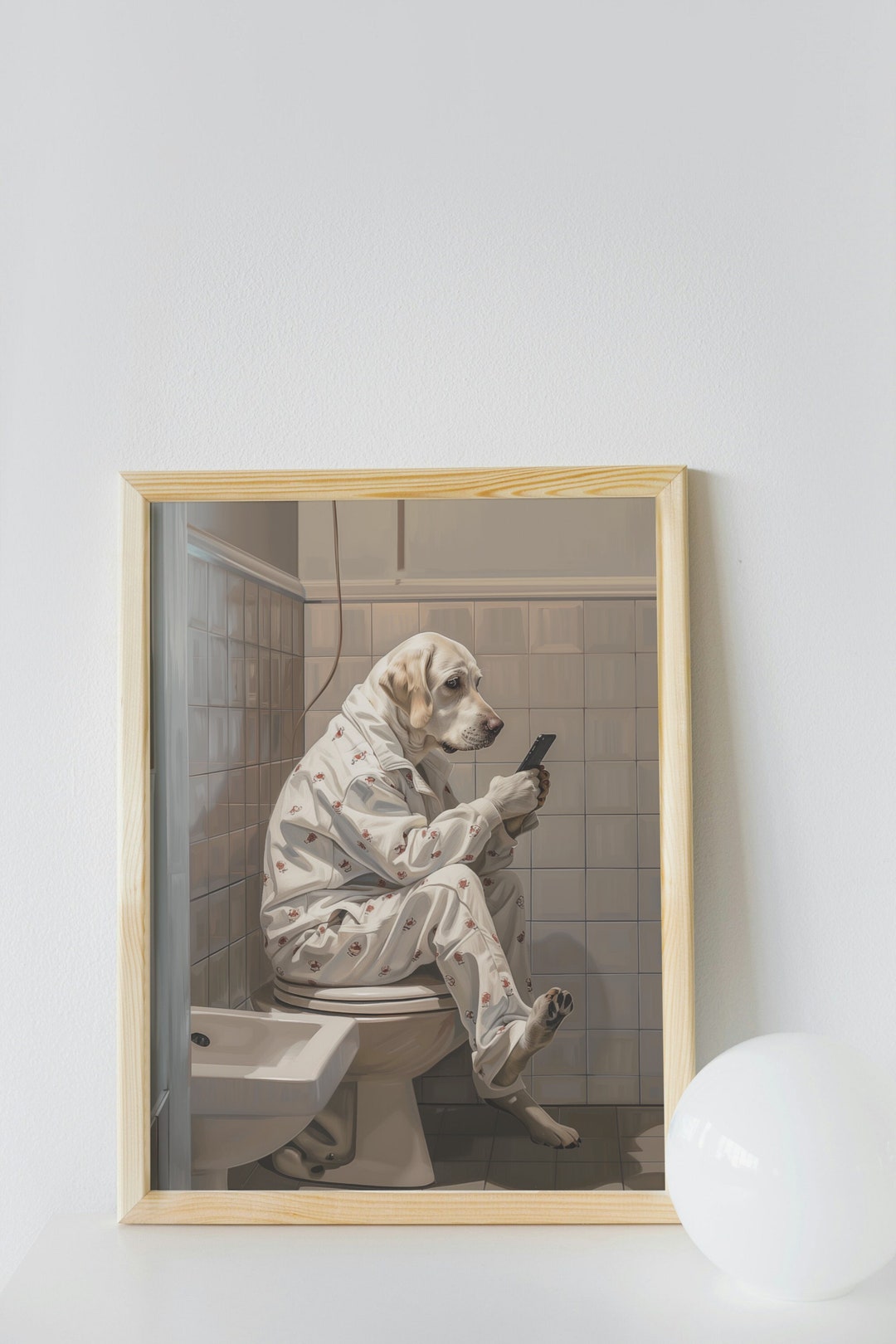 Tableau Toile Chien Labrador Noir Au Téléphone Sur Les Toilettes - Art Mural Humoristique