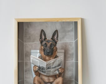 Belgischer Malinois Badezimmer Wandkunst, Lustiges Haus Dekor Kunstdruck, Belgischer Malinois Sitzend auf Toilette mit Zeitung, Haustier Digitaler Download