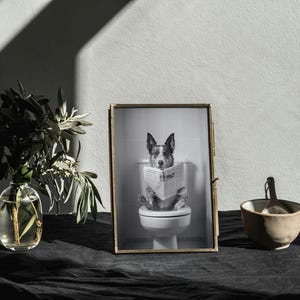 May include: A black and white photo of a dog sitting on a toilet and reading a newspaper. The photo is framed in a gold frame and is sitting on a black table.