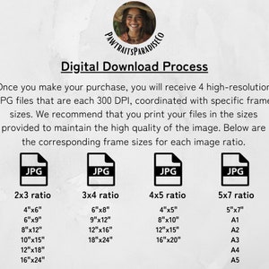 May include: A digital download process infographic with four JPG icons, each representing a different image ratio: 2x3, 3x4, 4x5, and 5x7. The infographic lists corresponding frame sizes for each ratio in inches.