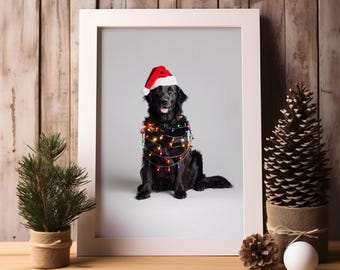 Arte de pared navideño con labrador retriever negro, impresión divertida para decoración del hogar, labrador negro con gorro de Papá Noel y luces navideñas, descarga digital de mascotas