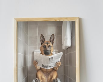 Belgischer Malinois Badezimmer Wandkunst, Lustiges Haus Dekor Kunstdruck, Belgischer Malinois Sitzend auf Toilette mit einer Zeitung, Haustier Digitaler Download