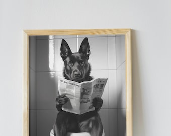 Belgische Malinois Badezimmer Wandkunst, lustige Haus Dekor Kunstdruck, belgische Malinois sitzen auf Toilette und lesen Zeitung, Haustier digitaler Download