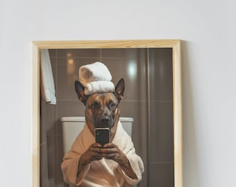 Belgischer Malinois Badezimmer Wandkunst, Lustiges Haus Dekor Kunstdruck, Belgischer Malinois Trägt Handtuch auf Toilette mit iPhone, Haustier Digitaler Download