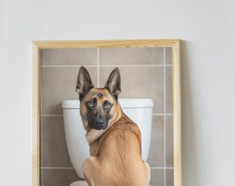 Belgische Malinois Badezimmer Wandkunst, lustige Haus Dekor Kunstdruck, belgische Malinois sitzen auf der Toilette und schauen nach hinten, Haustier digitaler Download