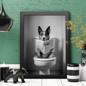 May include: A black and white photo of a dog sitting on a toilet, reading a newspaper. The dog is wearing a collar and has a surprised expression on its face. The photo is framed in a black frame and hanging on a green wall.