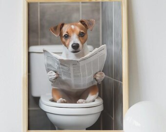 Puede incluir: Un perro marrón y blanco se sienta en un inodoro blanco con un periódico en sus patas. El perro está mirando a la cámara. El inodoro está en un baño con paredes de azulejos blancos.