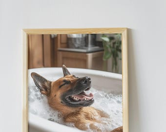 Belgischer Malinois Badezimmer Wandkunst, Lustiges Haus Dekor Kunstdruck, Belgische Malinois Entspannung im Schaumbad, Schrullig Kunst, Haustier Digitaler Download