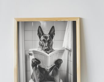 Belgischer Malinois Badezimmer Wandkunst, Lustiges Haus Dekor Kunstdruck, Belgischer Malinois Sitzend auf Toilette mit der Zeitung, Haustier Digitaler Download