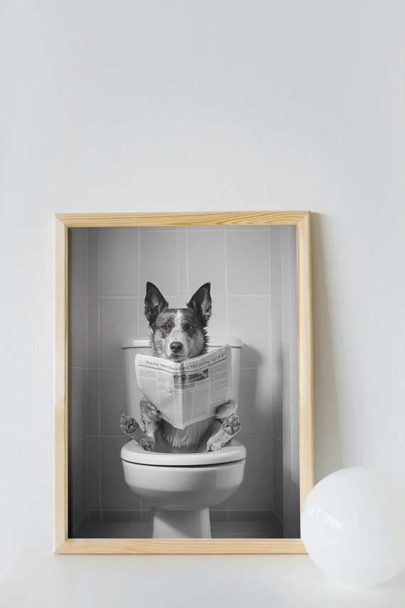 Australian Cattle Dog Bathroom Wall Art, Funny House Decor Print, Australian Cattle Dog with Newspaper on the Toilet, Pet Digital Download