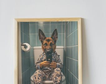 Arte mural de baño de pastor belga malinois, lámina decorativa divertida para el hogar, pastor belga malinois en pijama sentado en el inodoro, descarga digital de mascotas
