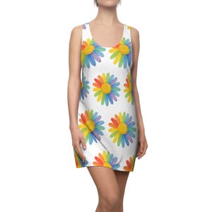 Colorful Daisy Racerback Dress for Women, Summer Floral Dress, Beachwear, Casual Dress, Gift for Her, Spring and Summer Fashion, Loungewear