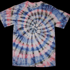 May include: A tie-dye t-shirt with a spiral pattern in shades of blue, pink, and black.