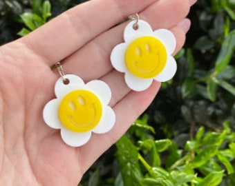 Yellow Smiley Face with White Daisy Flower 60s Inspired Acrylic Earrings