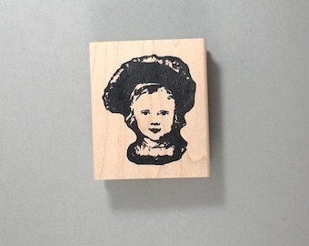 Girl wearing hat wood mounted rubber stamp vintage illustration