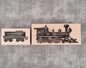 Steam Engine with Tinderbox Car Wood Mounted Rubber Stamps, Train, Railroad Travel