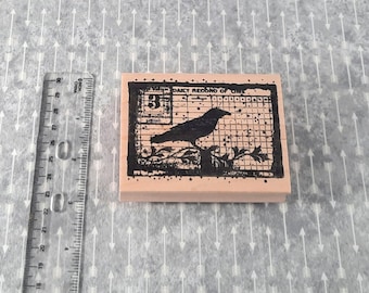 Daily Record of Time Crow, collaged image, Bird, Mail Art, Chart um, static cling and wood mounted rubber stamp