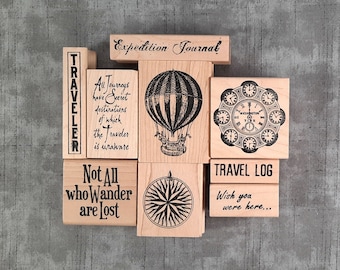 No. 2 Assorted Travel and Transportation Themed Wood Mounted Rubber Stamps, for Creating Cards, Postcards, Tags Mail Art Etc.
