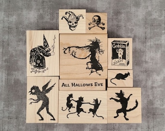 No. 1 Assorted Halloween Rubber Stamps for Creating Cards, Tags & Invites for Hallows eve and Day of the Dead. Cling or Wood Mount.