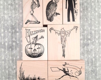 No. 2  Assorted Halloween Wood Mount Rubber Stamps for Creating Cards, Tags & Invites for Hallows Eve and Day of the Dead.