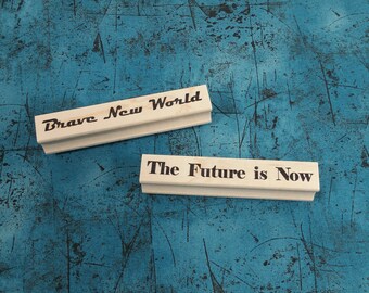 Set of 2 rubber stamps, The Future is Now & Brave New World, Text, Quote Phrase Wood Mounted Deep etched red rubber.