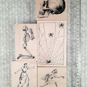 No. 3 sellos de goma surtidos con montaje en madera para Halloween para crear tarjetas, etiquetas e invitaciones para la víspera de Todos los Santos y el Día de los Muertos.
