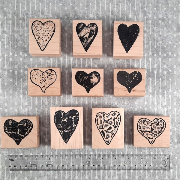 Assorted Heart Rubber Stamps for Creating Cards, Tags, Patterns & Valentines. Available as Cling Mount and Wood Mount