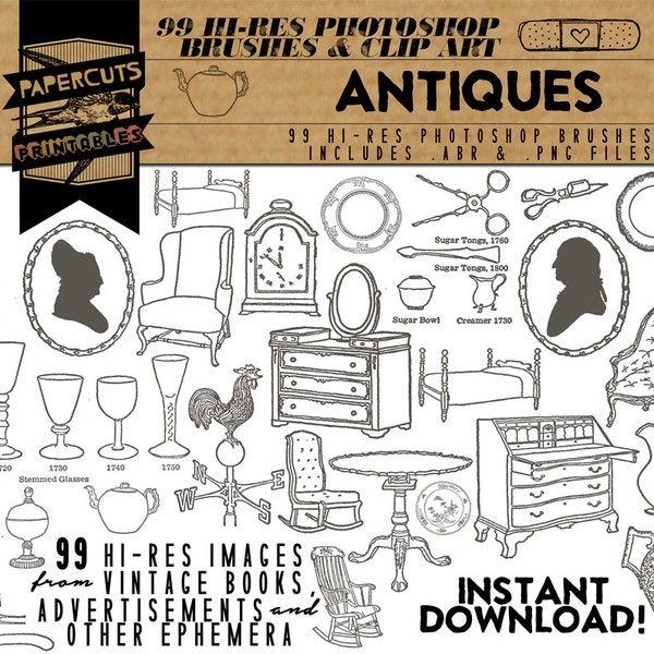 Antiques - 99 Hi-Res Photoshop Brushes / Clip Art / Image Pack - Includes .ABR and .PNG Files