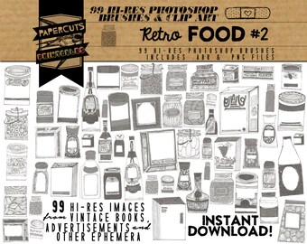 Retro Food #2 - 99 Hi-Res Photoshop Brushes / Clip Art / Image Pack - Includes .ABR and .PNG Files