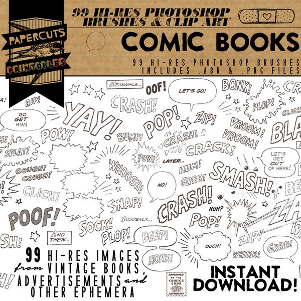 Comic Books - 99 Hi-Res Photoshop Brushes / Clip Art / Image Pack - Includes .ABR and .PNG Files