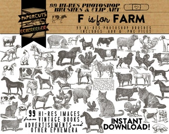 F is for Farm- 99 Hi-Res Photoshop Brushes / Clip Art / Image Pack - Includes .ABR and .PNG Files