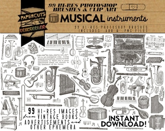 Musical Instruments - 99 Hi-Res Photoshop Brushes / Clip Art / Image Pack - Includes .ABR and .PNG Files