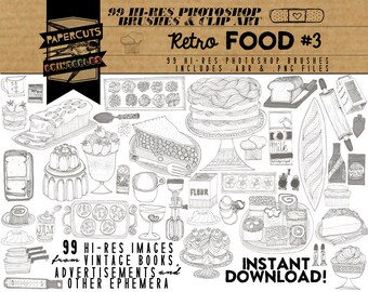 Retro Food #3 - 99 Hi-Res Photoshop Brushes / Clip Art / Image Pack - Includes .ABR and .PNG Files