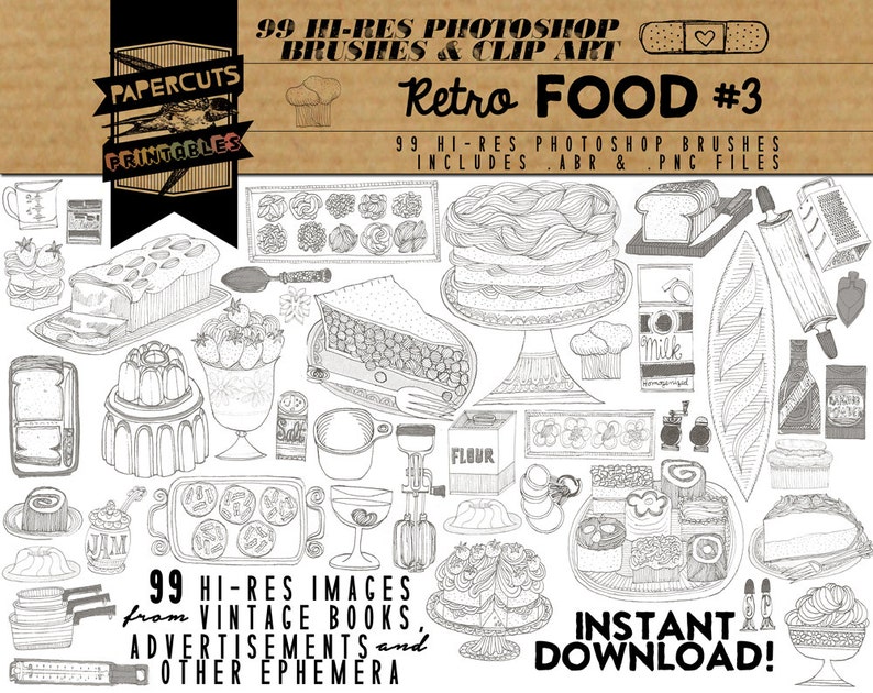 Retro Food 3 99 Hi-Res Photoshop Brushes / Clip Art / Image Pack Includes .ABR and .PNG Files image 1
