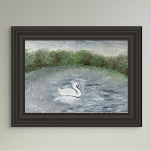 May include: A painting of a white swan swimming in a lake with a green tree line in the background.