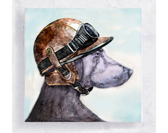 Dog Art - Weimaraner with Motorcycle Helmet - Canvas Print on 5x5 Art Block - Biker Jake - Dog Portrait - Children Art - Playroom Decor