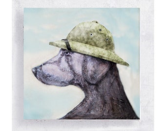 Weimaraner Print - Dog Art - Weimaraner with Pith Helmut - Safari Hat - Canvas Print on 5x5 Art Block - Crocodile Jake -  Animal Art