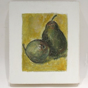 Pear Art Still Life Original Mixed Media Painting Gallery Wrapped Canvas Block Green Yellow Wall Art Home Decor Kitchen Art image 1