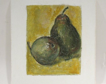 Pear Art - Still Life - Original Mixed Media Painting - Gallery Wrapped Canvas Block - Green - Yellow - Wall Art - Home Decor - Kitchen Art