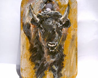 Bison Art - Buffalo Art - Woodland Animal Art - Original Miniature Painting - Kids Room Wall Decor - Stocking Stuffer - 2"x3" mini art