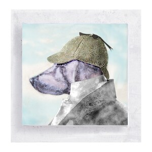 Weimaraner with Deerstalker Hat Dog Art Animal Print Canvas Print on 5x5 Art Block Jake P. I. Dog Portrait Men Cave Wall Art image 1