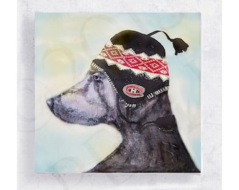 Weimaraner Dog Art - Dog with Arctic Sherpa Hat - Montreal Canadien - Canvas Print on 5x5 Art Block - Go Habs Go - Kids Playroom Decor