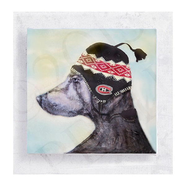 Weimaraner Dog Art - Dog with Arctic Sherpa Hat - Montreal Canadien - Canvas Print on 5x5 Art Block - Go Habs Go - Kids Playroom Decor